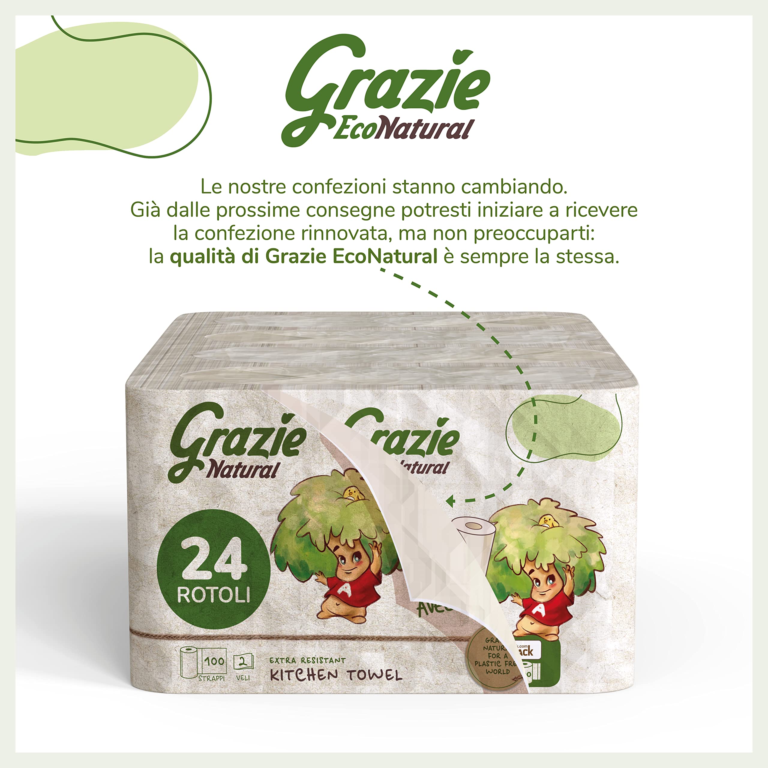 Grazie Natural, Asciugatutto 24 Rotoli, Bobina di Carta Assorbente Realizzata con Carta 100% Riciclata Fiberpack, Certificata Ecolabel e FSC Recycled, Made in Italy