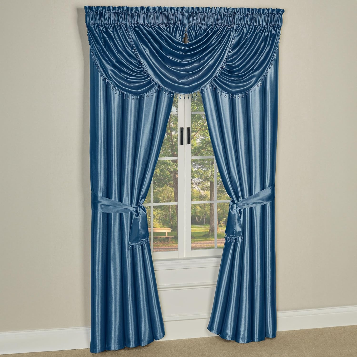 Touch of Class Portia Luxury Window Treatment | Rich Sapphire Blue | Premier Smooth Polyester Satin 4 Piece Window Drapery Set with 3 Waterfall Valances and 84 Inch Long Curtain Pair