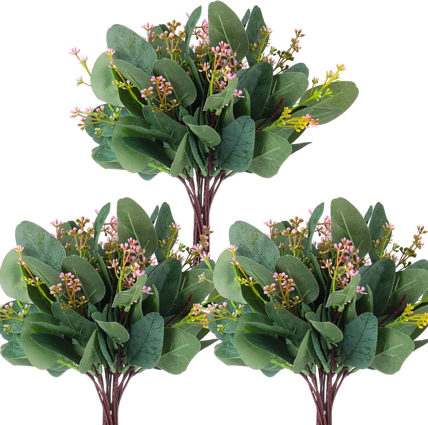 30 Pcs Artificial Eucalyptus Leaves Stems with Pink Seeds