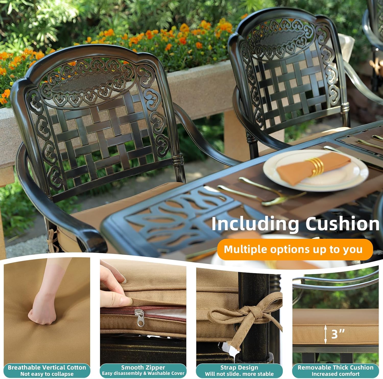 MEETWARM 2 Piece Outdoor Patio Swivel Bar Stools, All-Weather Cast Aluminum Bar Height Bistro Chairs with Cushions, Outdoor Furniture Bar Dining Chair Set for Garden Deck Backyard, Dark Bronze