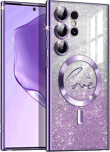 Casetego Funda para Galaxy S24 Ultra, compatible con MagSafe, transparente magnético con purpurina degradada, chapado de lujo, suave TPU parachoques