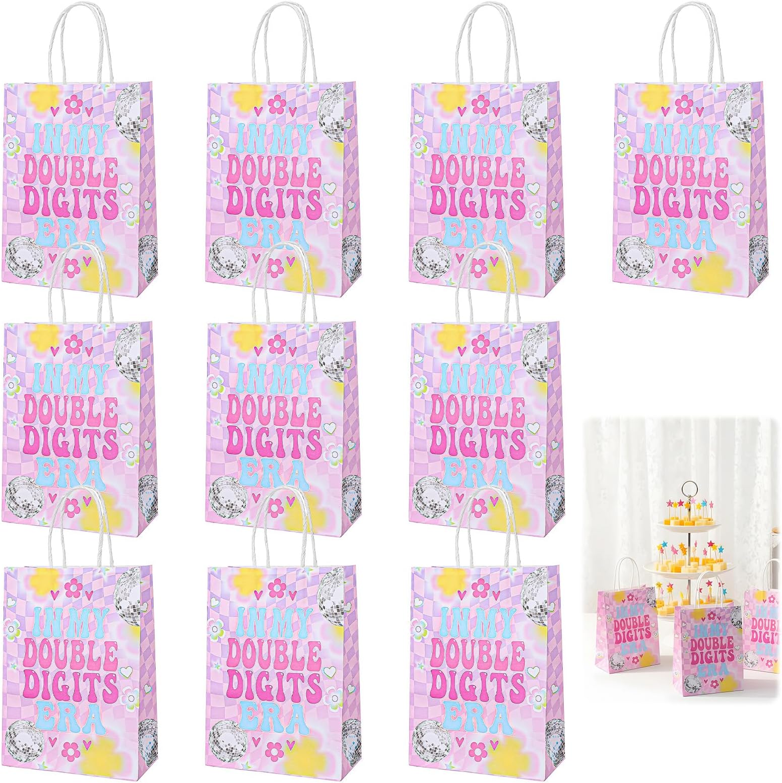 Abeillo 10th Bithday Party Favor Bags, 10 Pack In My Double Digits Era Gift Bags with Handles, Double Digits Goodie Treat Candy Gift Bag for Girls 10 Year Old Birthday Party Decorations