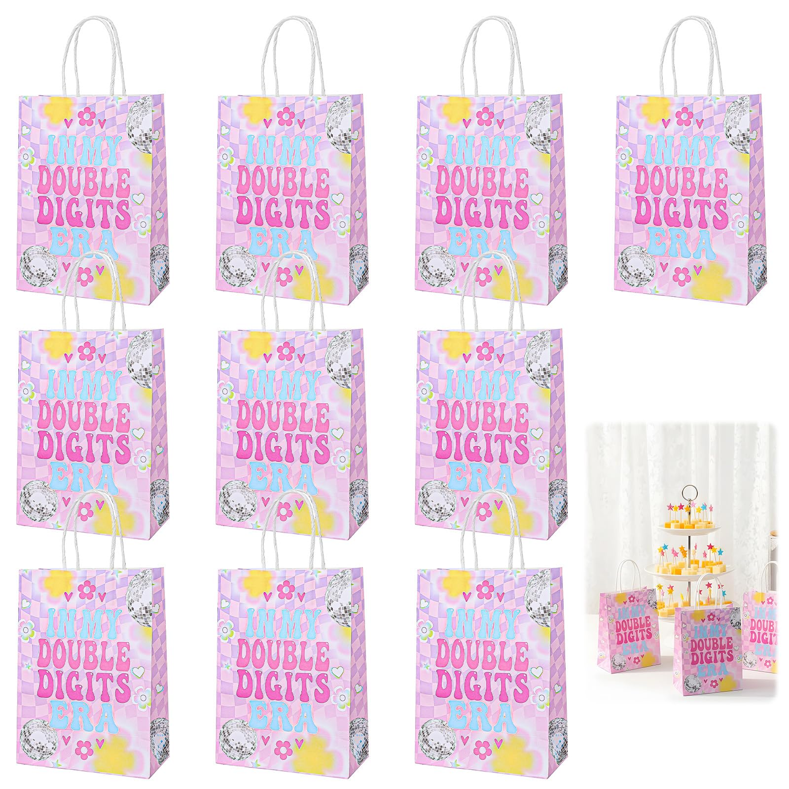 Abeillo 10th Bithday Party Favor Bags, 10 Pack In My Double Digits Era Gift Bags with Handles, Double Digits Goodie Treat Candy Gift Bag for Girls 10 Year Old Birthday Party Decorations
