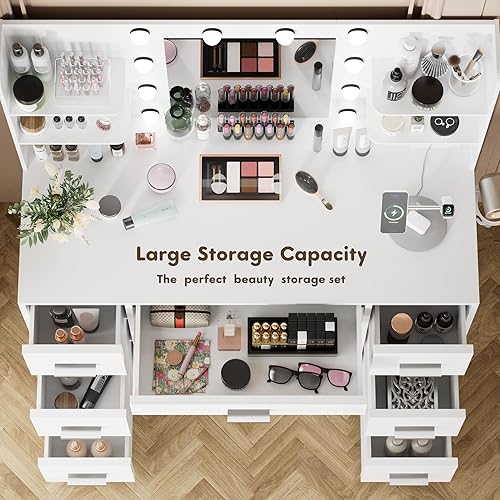 Miniatura 3 de YESHOMY Vanity Desk with Mirror, Power Outlet and 10 Lights, Makeup Table with 7 Drawers, 3 Color Modes Available for Bedroom, White Blanco puro