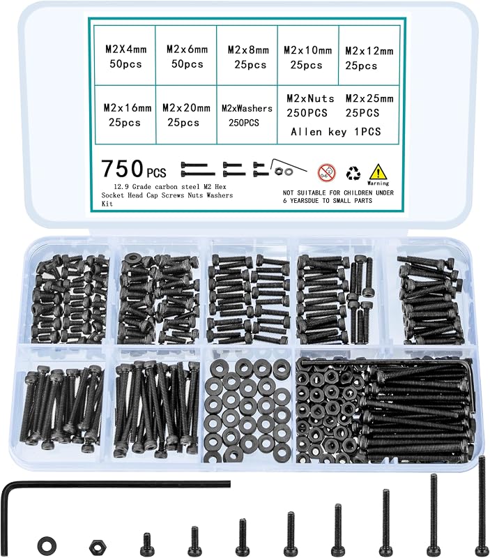 Kit surtido de tornillos y tuercas M2 de 750 piezas, tornillos de cabeza hueca hexagonal pequeños, tuercas y pernos, sujetadores de hardware, juego surtido de tornillos métricos de máquina surtidos negros con arandelas