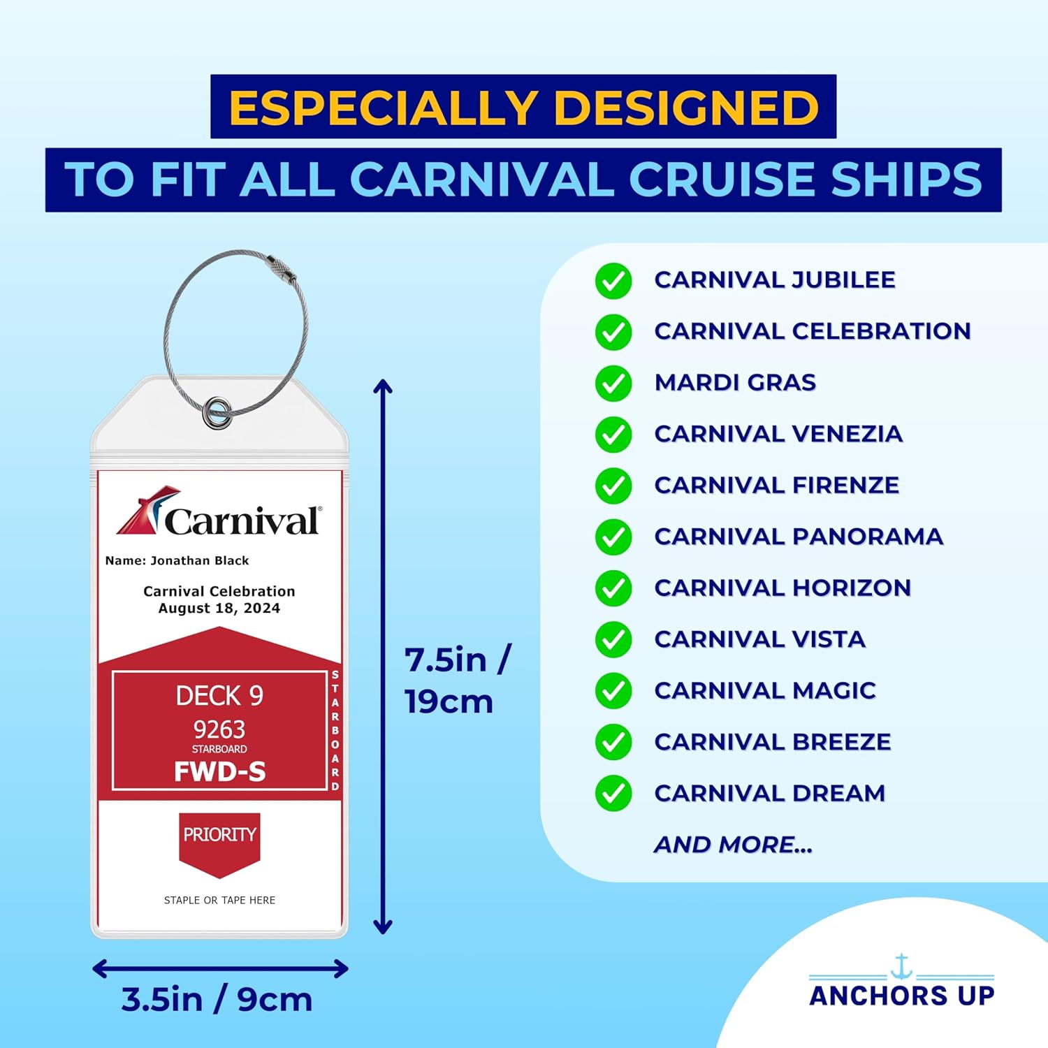 Carnival Cruise Luggage Tag Holders [4 Pack] – Waterproof, Durable Plastic with Steel Loops – Fits All Carnival Ships for Cruising in 2025, 2026 and 2027 – Cruise Essentials by AnchorsUp