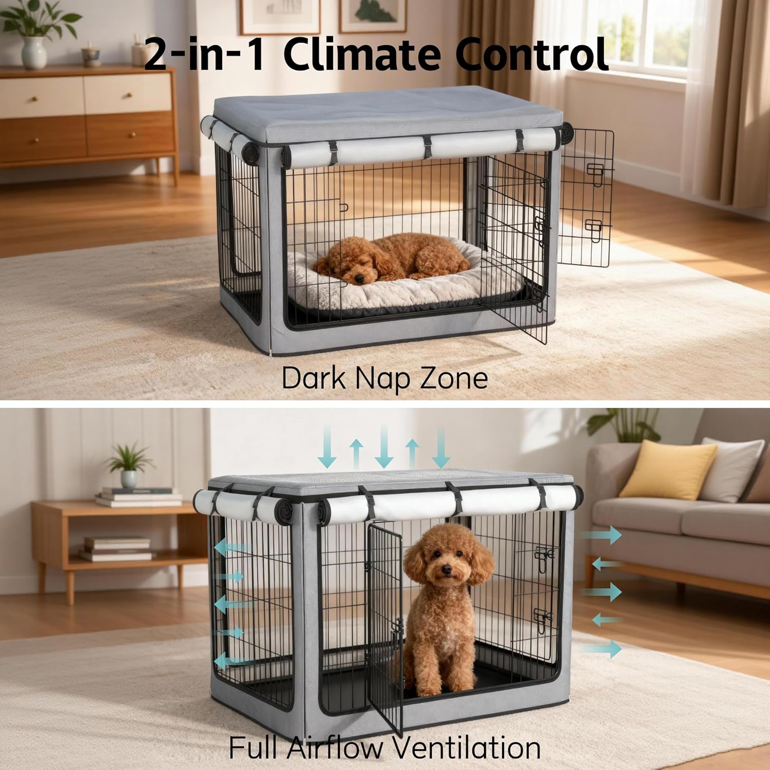 Dog Crate Cover, Heavy Duty 1680D Waterproof Oxford Cloth with Breathable Mesh & Detachable Sunshade, Universal Fit for Wire Crates, All-Weather Indoor Outdoor Use (24-Inch)