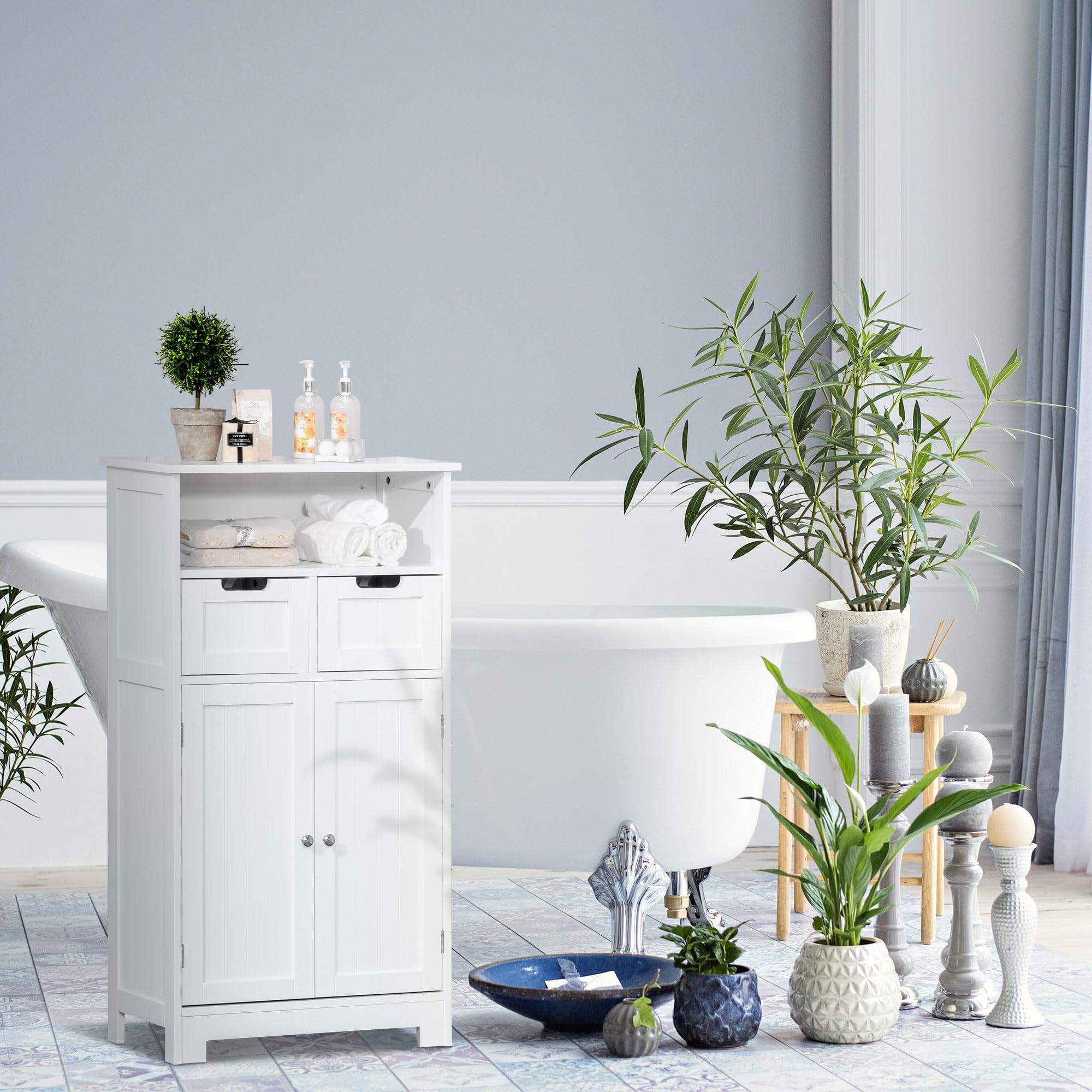 kleankin Meuble de Salle de Bain, 2 Tiroirs, Niche, 60 x 30 x 109 cm, Blanc