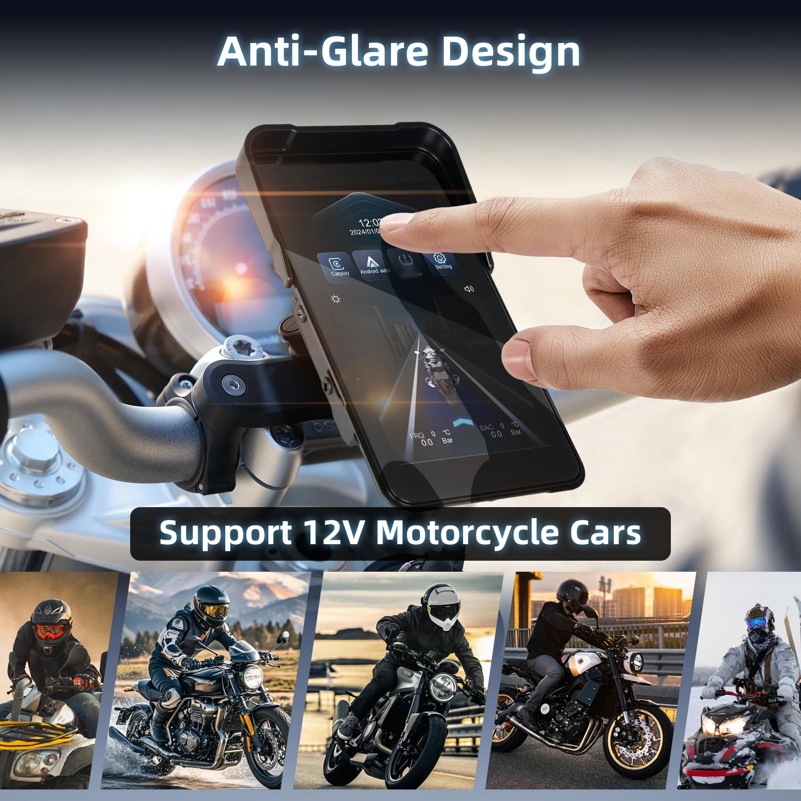 Écran Portable Carplay pour Moto, sans Fil CarPlay et Android Auto pour Moto, 5 Pouces Écran Tactile Étanche avec Bluetooth, Navigation GPS, Siri/G00gle Assistant