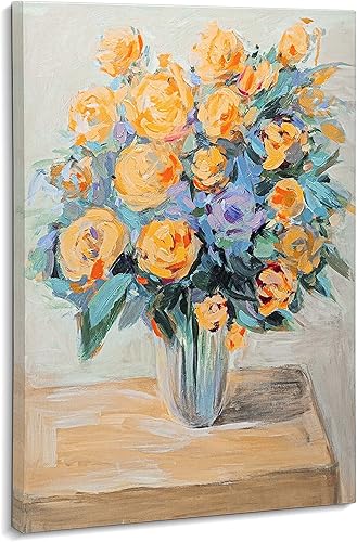 ArtbyHannah Pinturas al óleo sobre lienzo de flores de rosas de 20 x 28 pulgadas, pintadas a mano con textura naranja floral para decoración de pared