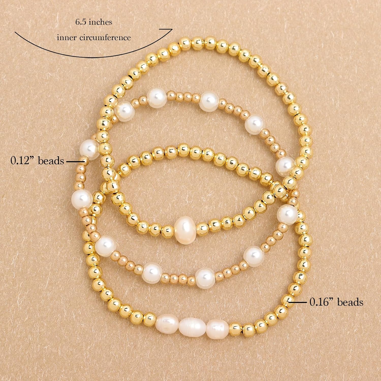 Gold Beaded Ball Stack Bracelets Set for Women, 3Pcs Trendy Boho Handmade Stackable Freshwater Pearl Beads stretch Bracelet Holiday Prom Jewelry Gift. - Image 3