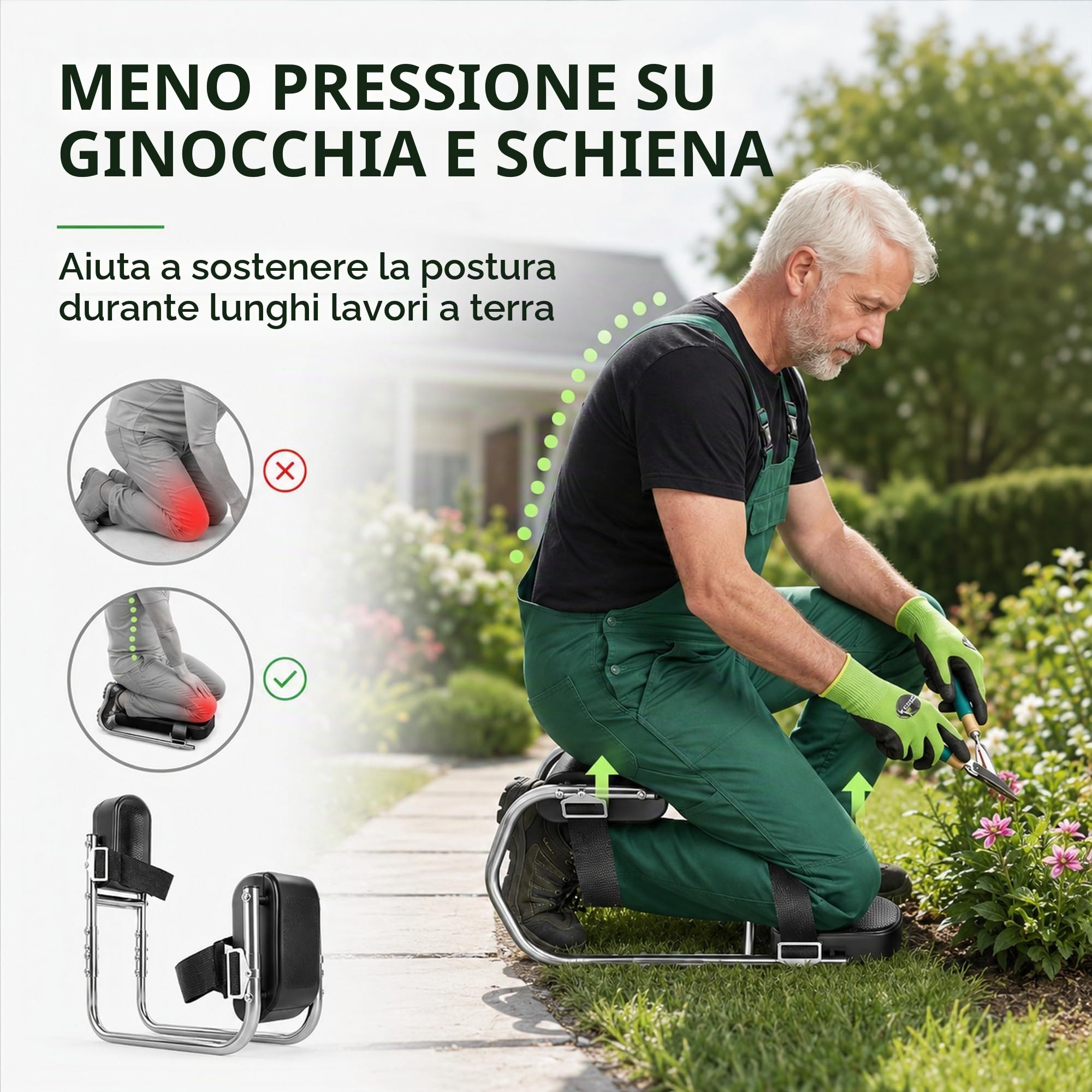 Ginocchiera per giardinaggio, sedia in ginocchio con funzione di seduta, sgabello da giardino, regolabile, portatile, comfort per ginocchia da 160-195 cm di altezza, protezione per ginocchia