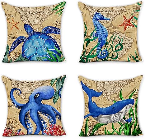 Amazon Com Pinata Ocean Theme Pillow Covers Set Of 4 Linen Mediterranean Style Beach Pillow Covers 18x18 Coastal Nautical Decorative Throw Pillow Covers For Sofa Couch Chair Car Home Decor Home Kitchen