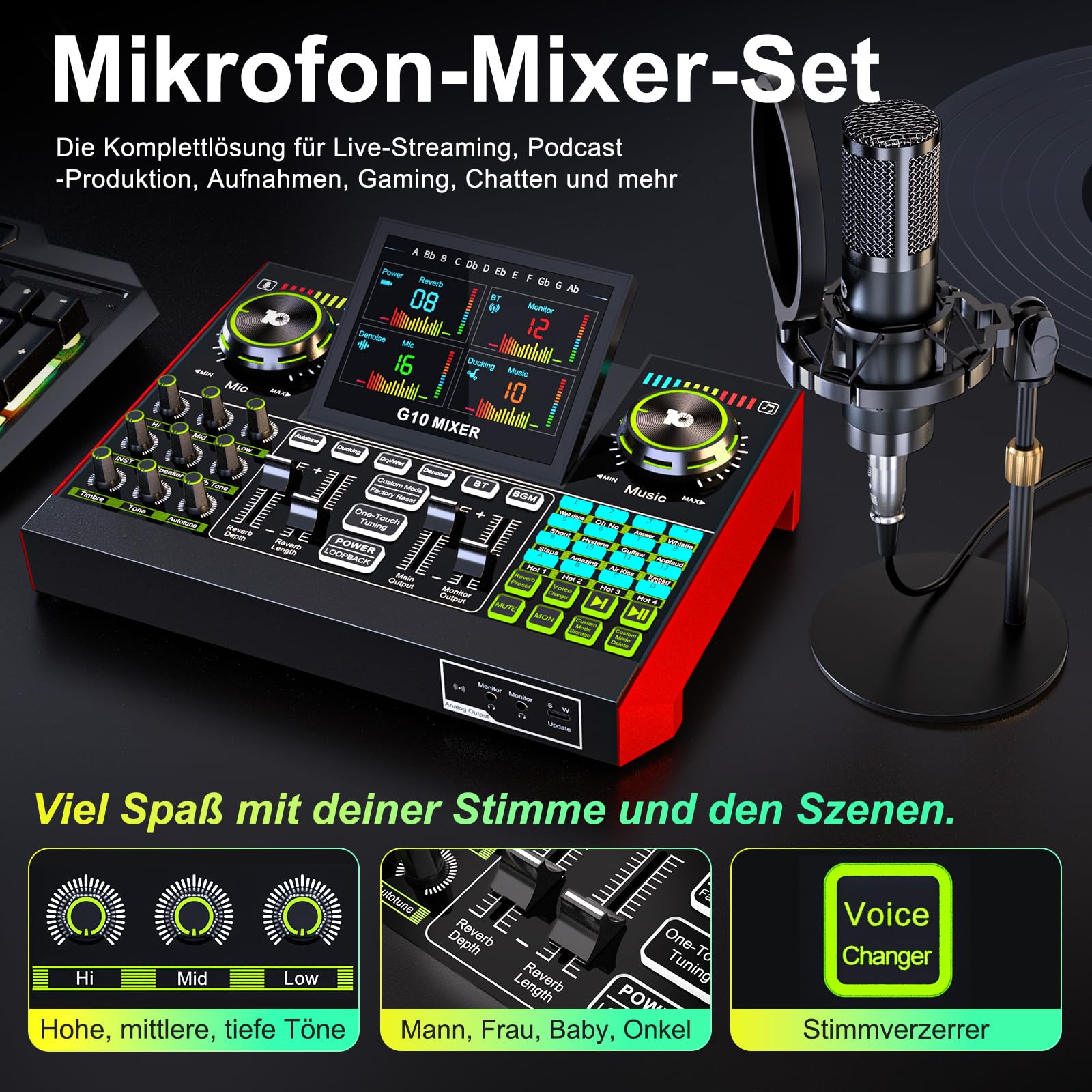 Podcast-Mikrofon-Set mit G10 Audio-Mixer & P15 Kondensatormikrofon | Geeignet für Livestream, Gesang, Gaming & Stimmveränderung an PC/Mobilgerät mit integrierter Geräuschunterdrückung