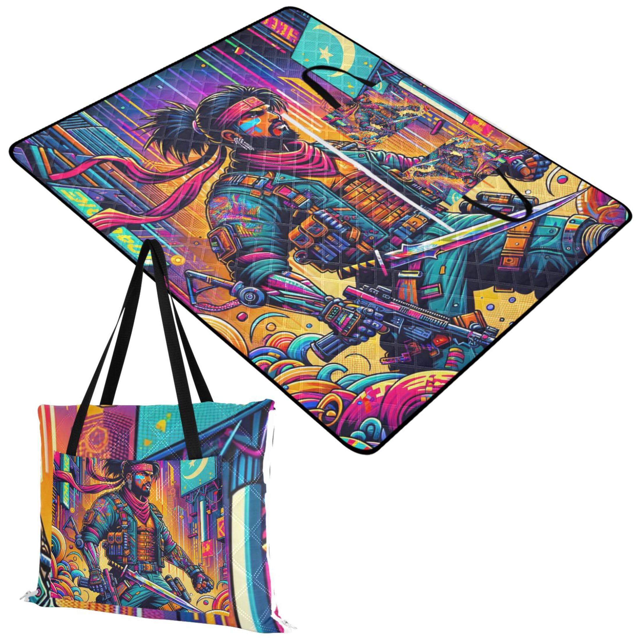 TSENQUE Urban Art Hero Colorful Beach Mat Sand Free Waterproof Floral Grass Mats for Camping Cute Picnic Essentials Foldable 80