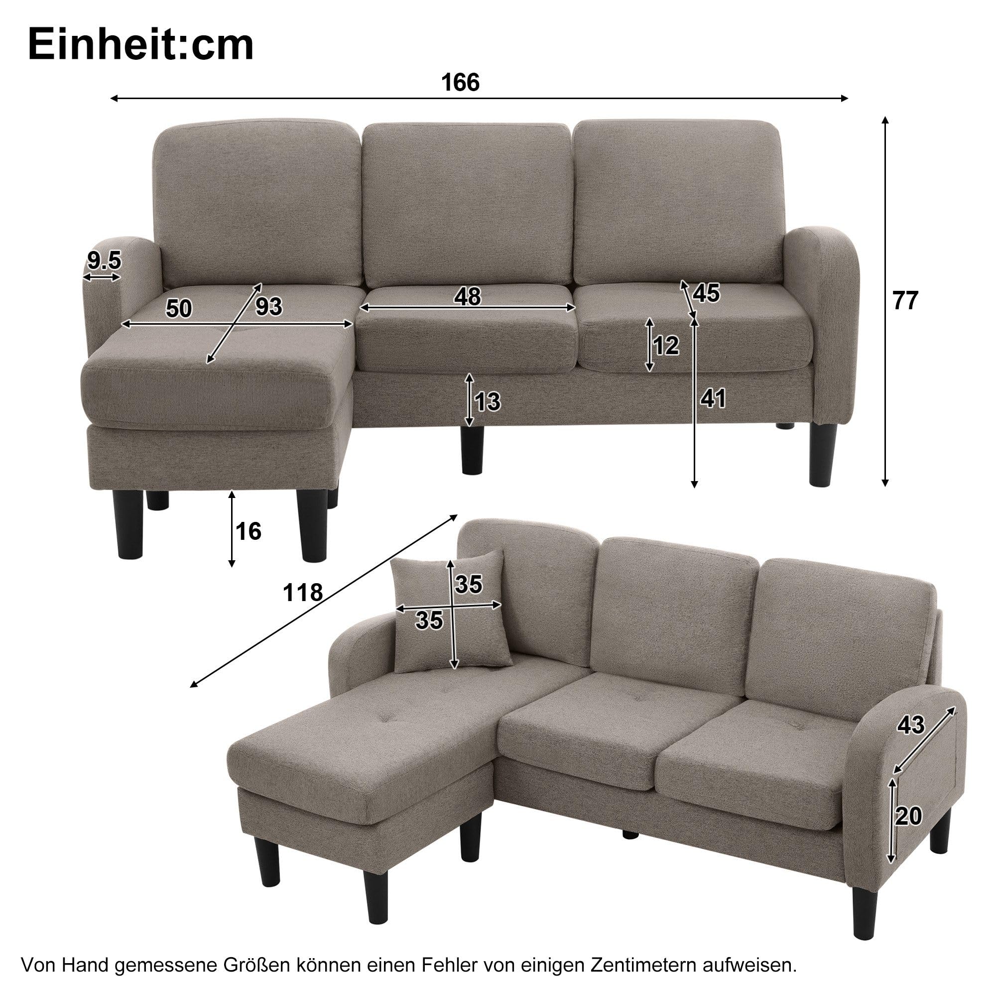 KAZZIO Sofá esquinero en forma de L con chaise longue – Sofá de 3 plazas, tela de lino de algodón transpirable, patas de plástico, diseño modular, ideal para salones, apartamentos y oficinas (gris