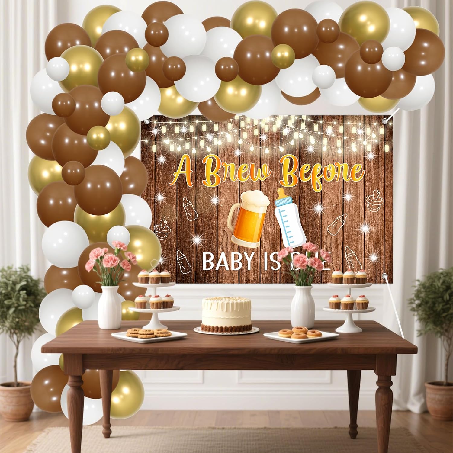 JOYMEMO Bottle and Beer Baby Shower Decorations Brown - Balloon Garland Arch Kit with Rustic A Brew Before Baby Is Due Backdrop for Pregnancy Celebration Newborn Birthday Party