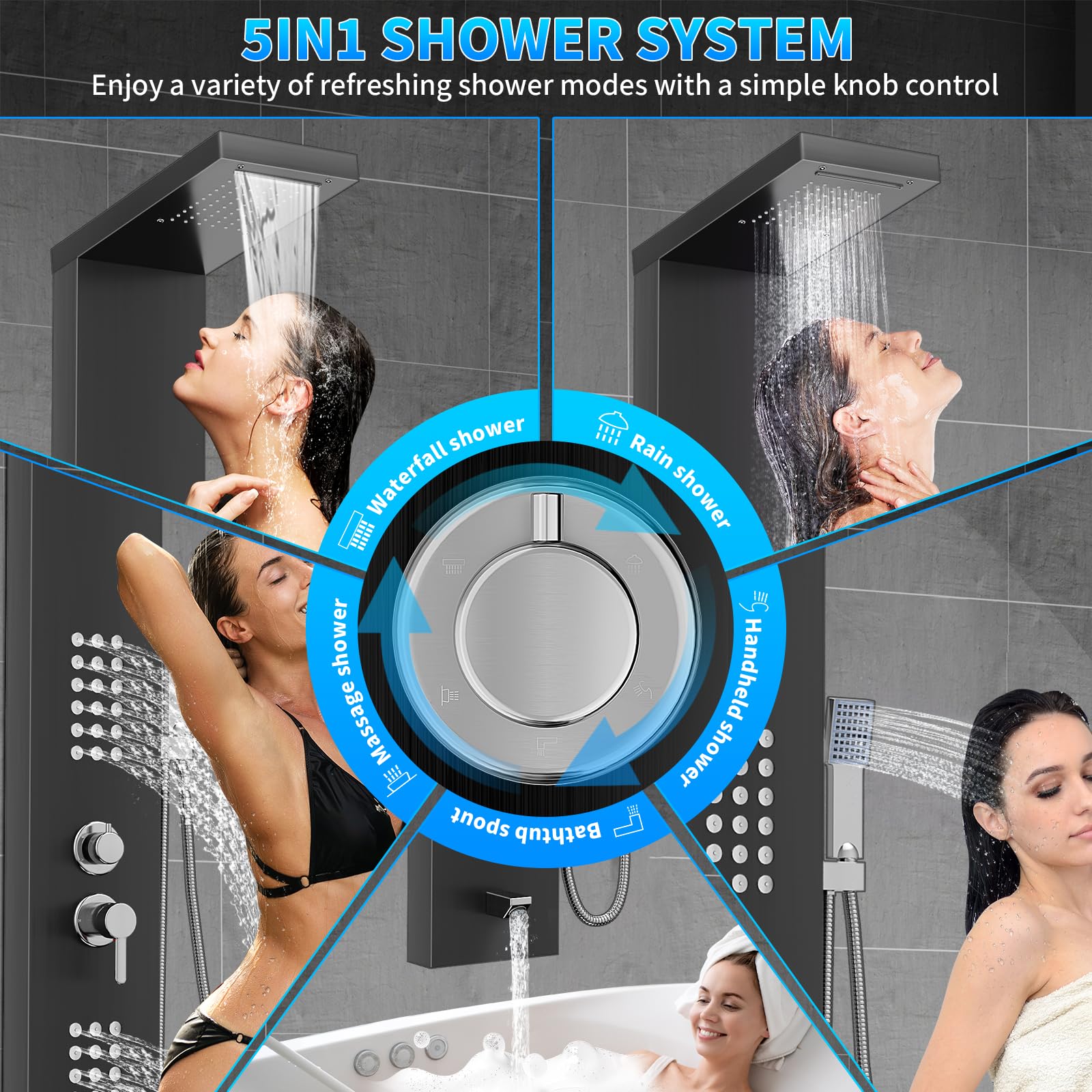 Sistema de panel de ducha con 5 modos, Negro Panel de Ducha Acero Inoxidable para Baño,hidromasaje y cascada,caño para bañera y cabezal de ducha con manguera, baño