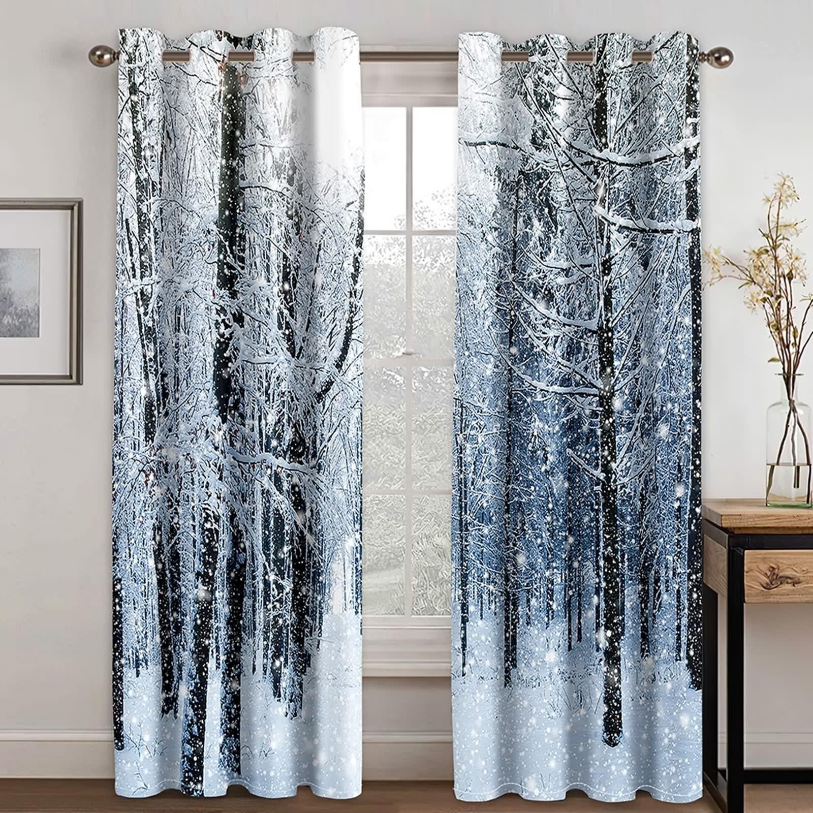 Rideaux Salon Moderne, Rideau Stof Polyester Gris Noir Paysage de Forêt Enneigée et Ensoleillée 86L x 160H CM Lot de 2