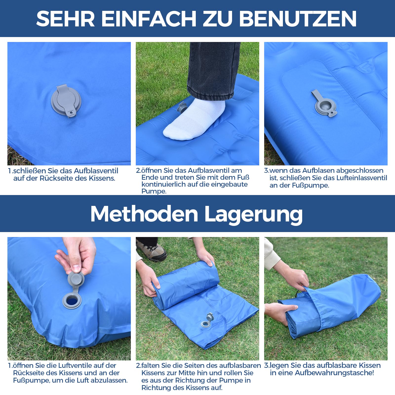 NAPASA Isomatte Camping, 14CM Verdicktes Aufblasbare Matratze mit Eingebauter Fußpresse Pumpe & Kissen, Wasserdicht, Anti-Ripstop Schlafmatte für Wandern, Strand, Reisen, Zelt(Blau)