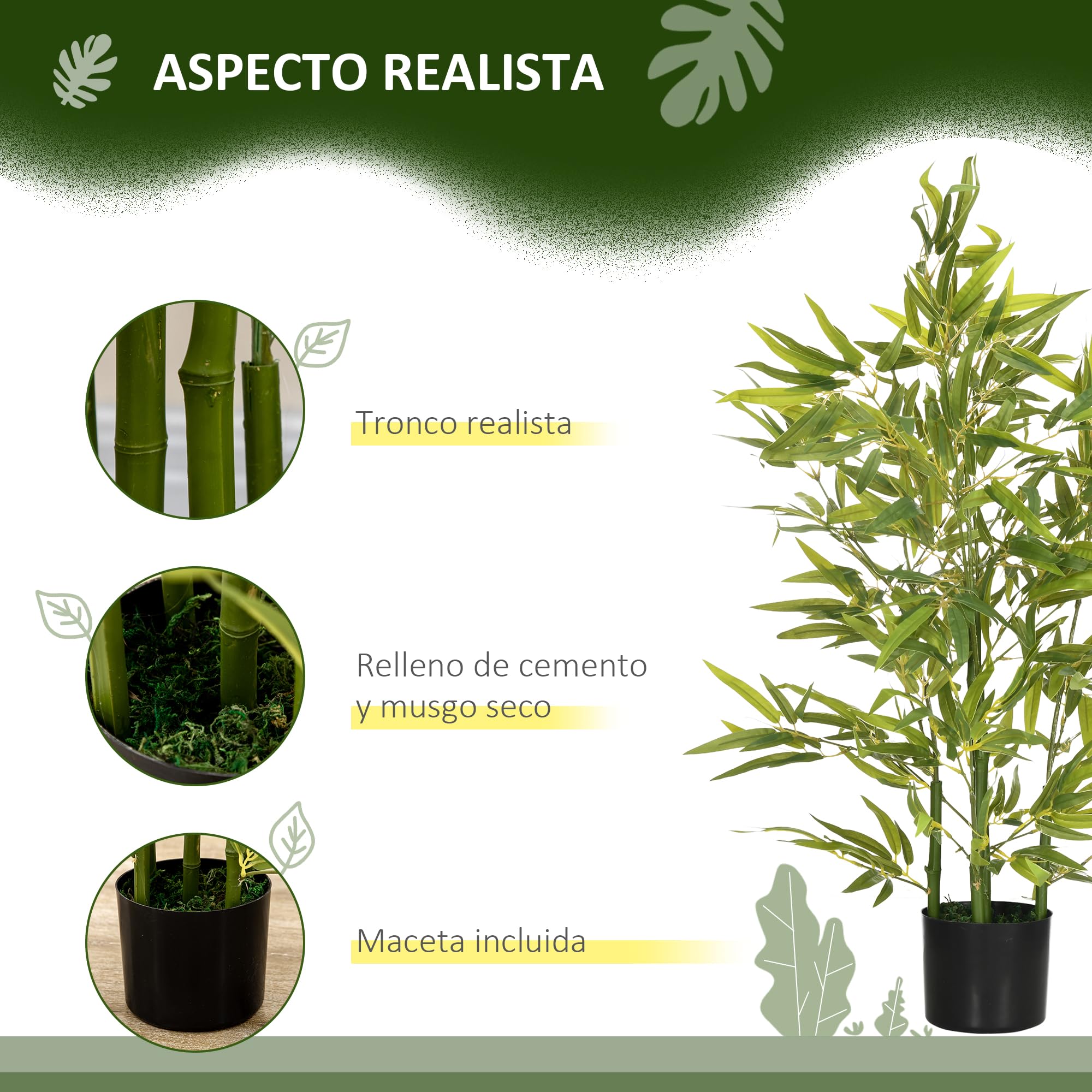 HOMCOM Árbol Artificial de Bambú 90 cm Planta Artificial Decorativa Verde | Grande, Decoración para Hogar, Oficina, Balcón, Dormitorio, Interior