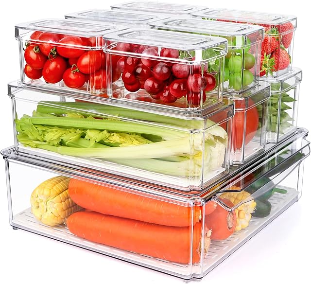 10 Boîtes d'organisateur de garde-manger, boîtes d'organisation de réfrigérateurs empilables avec lids, bacs de rangement en plastique transparent pour cuisine, comptoirs, armoires, réfrigérateurs, boissons, fruits, légumes, céréales