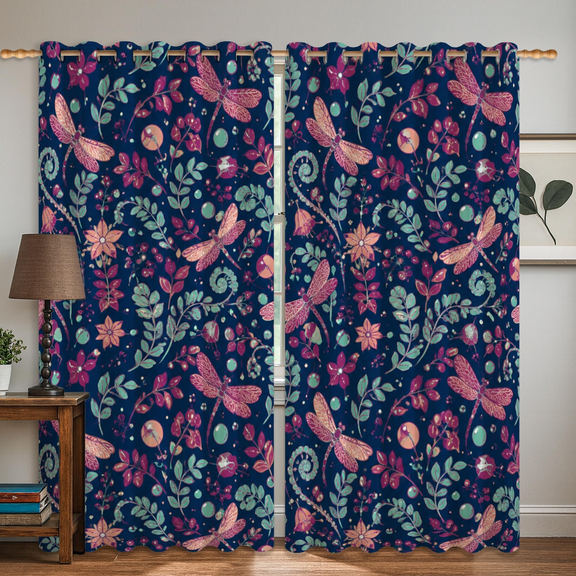 Rideaux occultants bleu marine à motif libellule 132x160cm pour chambre d'enfant