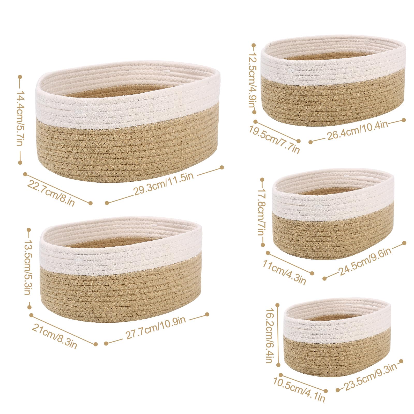 5er Set Baumwollseil Aufbewahrungskorb,Körbchen Wickeltisch Organizer Korb Aufbewahrung,Storage Basket für Bad Badezimmer Kinderzimmer Wickeltisch(Weiß & Jute)