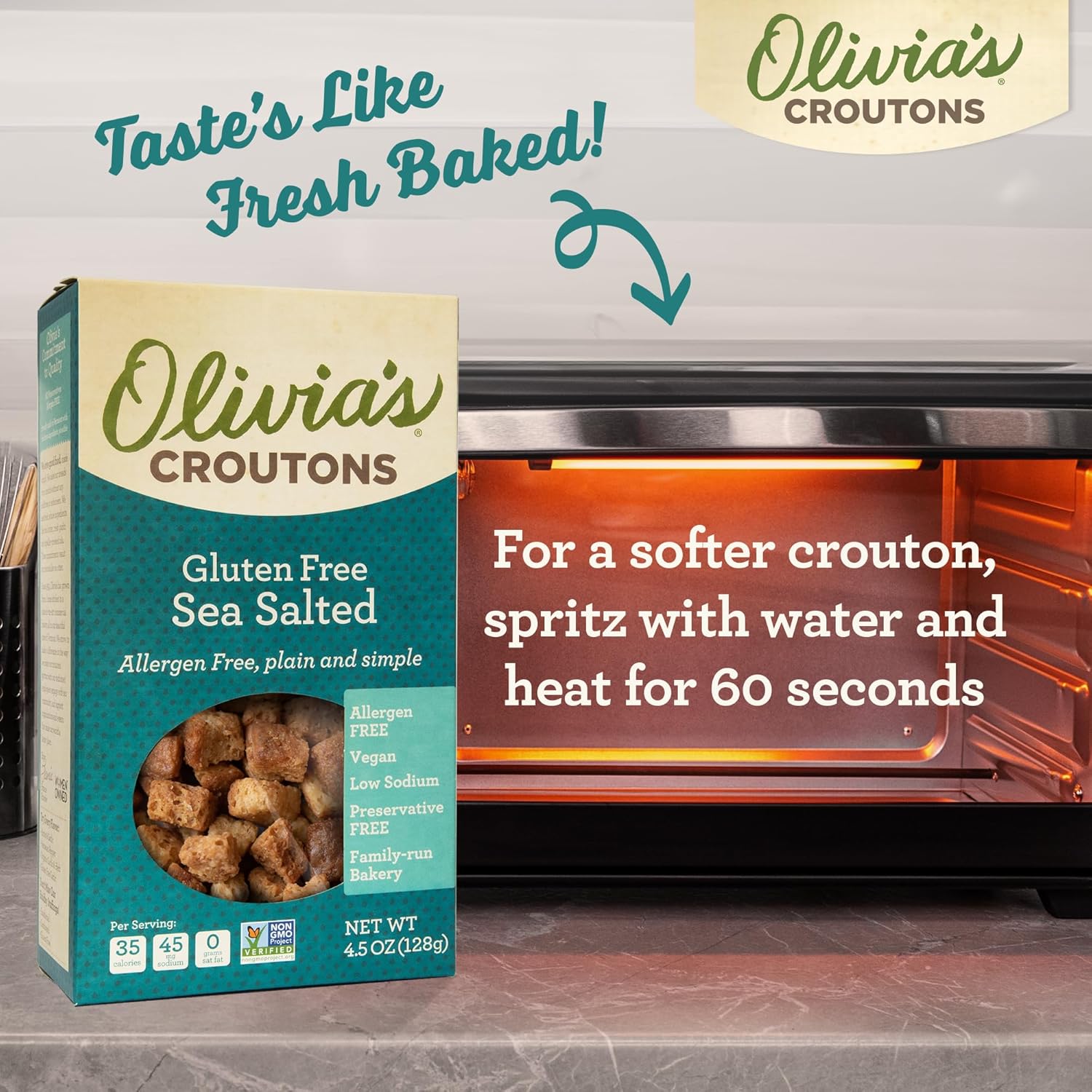 Olivia’s Gluten Free Sea Salt Flavor Croutons For Salad – Crunchy Garlic Soup Crouton – Made from Allergen Free & Gluten-Free Artisan Bread –Vegetarian, Made In USA, 4.5 Oz (Pack of 3)