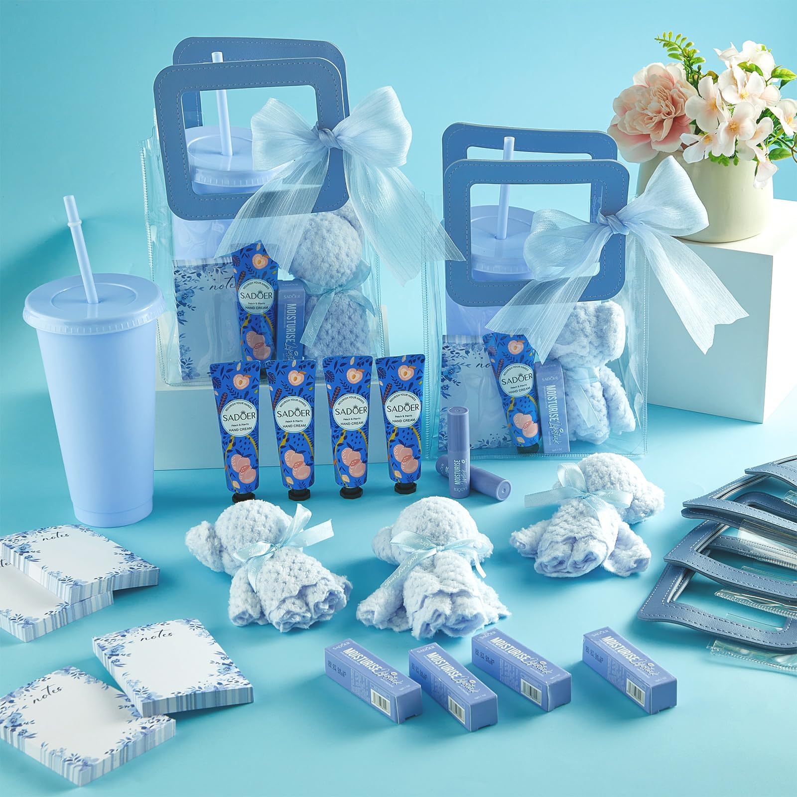 6 juegos de premios de baby shower para ganadores del juego, regalos para baby shower, incluye vasos de plástico, bloc de notas, bálsamos labiales, cremas de manos, toallas de baño de oso, bolsas de