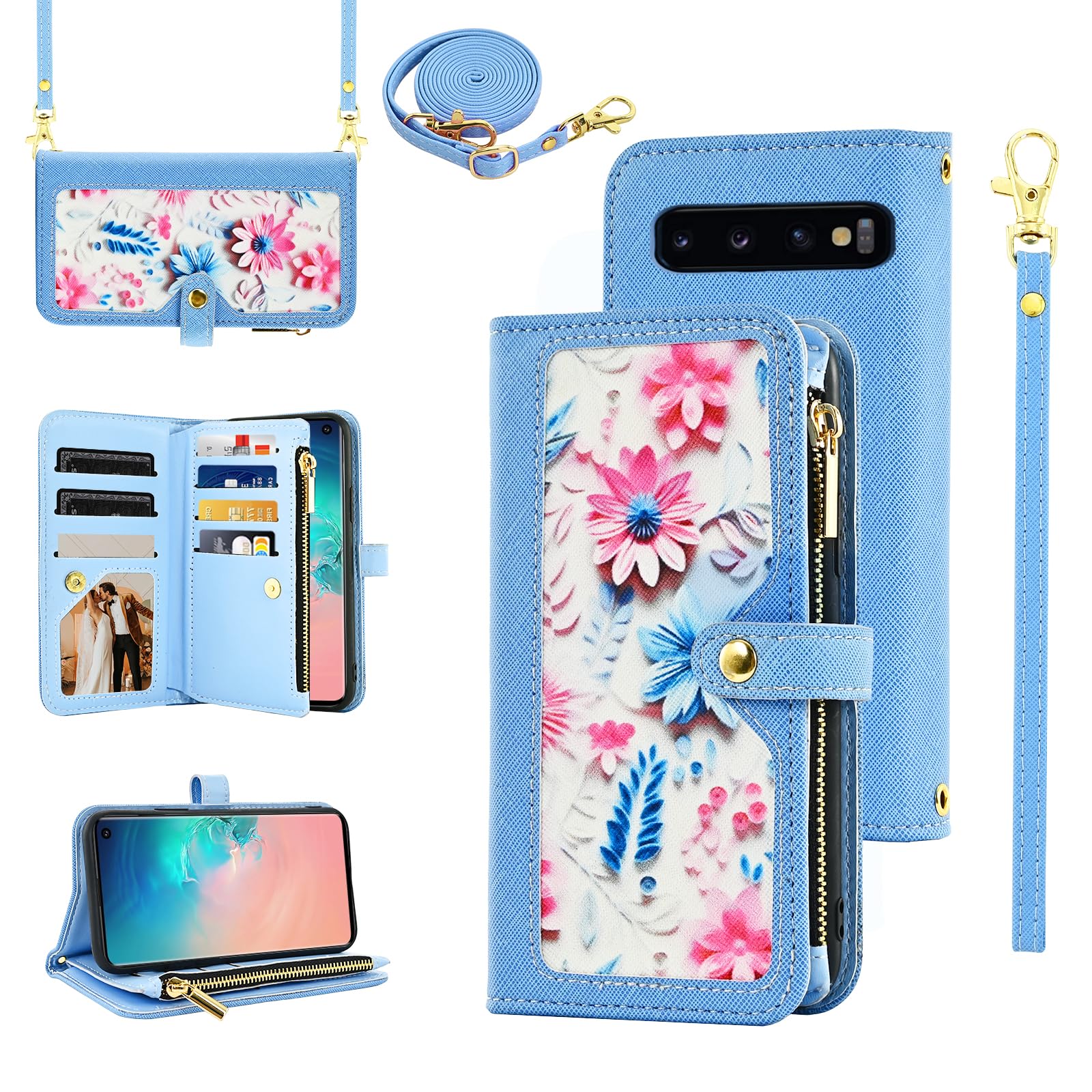 Furiet Floral Wallet Case for Samsung Galaxy S10 Plus with Wrist Strap Shoulder Strap Flip Zipper Purse Luxury Credit ID Card Holder Stand Phone Cover
