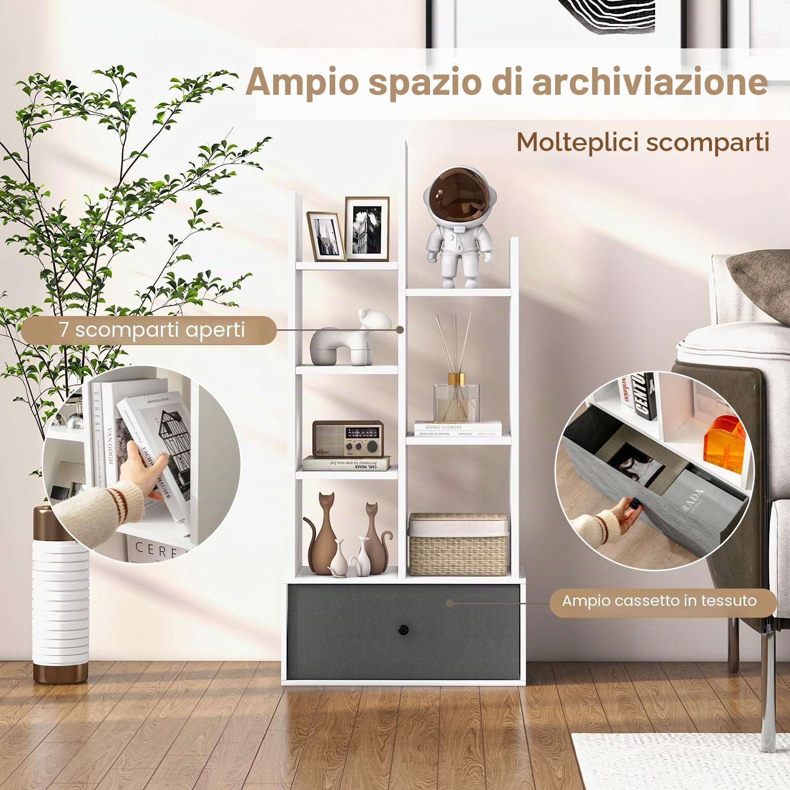 HOMASIS Libreria a 7 Livelli Con Cassetto, Scaffale Verticale Bianco da Terra in Legno, d'Angolo per Soggiorno, Ufficio, Camera da Letto, 53 x 24 x 118 cm