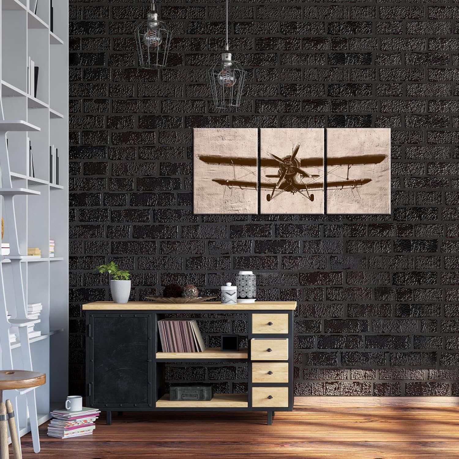 LevvArts - Airplane Canvas Wall Art Vintage Aviation Art Painting for Home Bedroom Decor Framed Ready to Hang (12"x16"x3pcs)