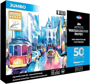 Zieler A4 8.3" x 11.7" Artists Jumbo Watercolour Paper in Fold-Over Pad, 300gsm, 50 Sheets