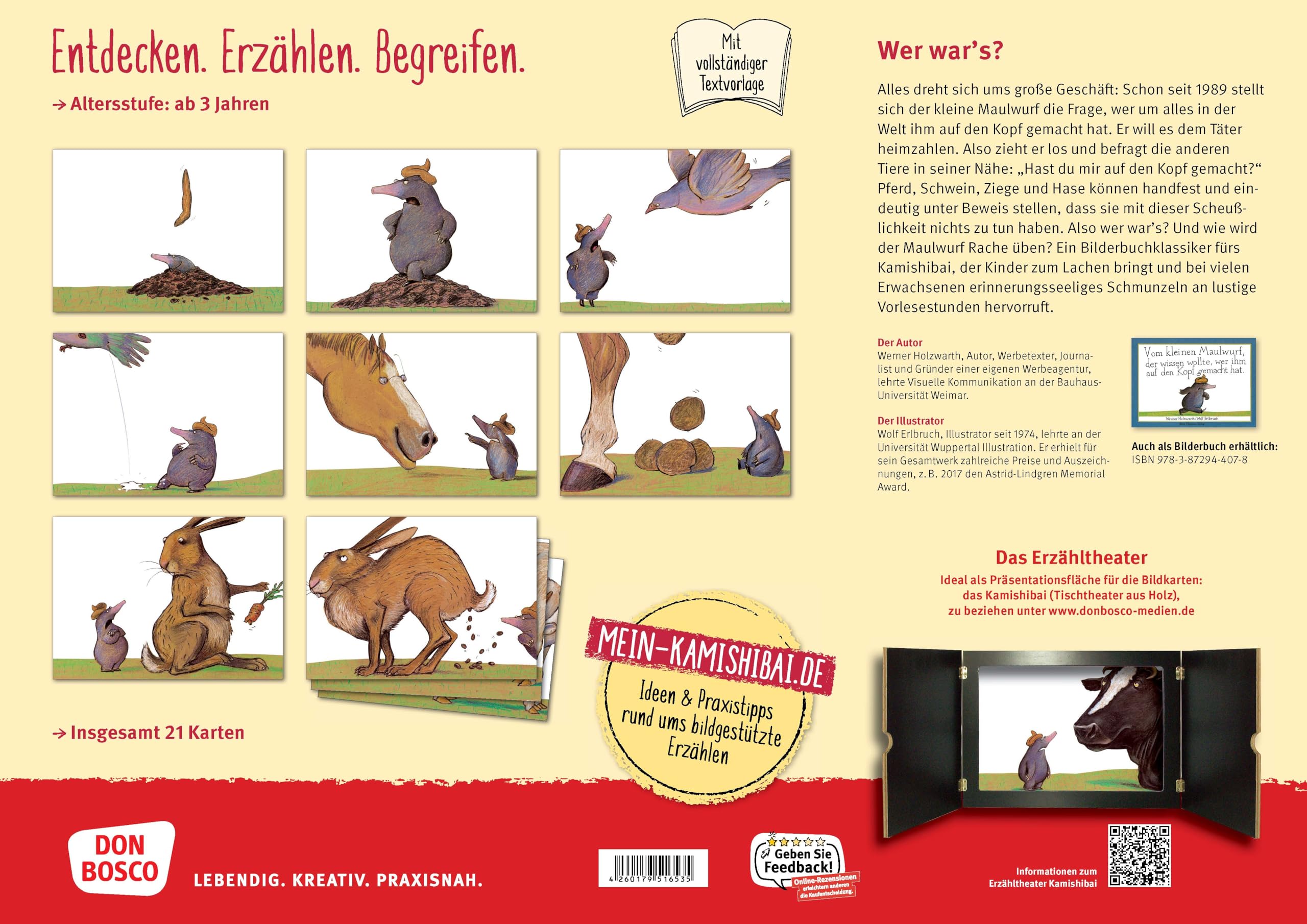Vom kleinen Maulwurf, der wissen wollte, wer ihm auf den Kopf gemacht hat. Kamishibai Bildkartenset: Entdecken - Erzählen - Begreifen. Bilderbuchgeschichten für unser Erzähltheater. Für Kita & Zuhause