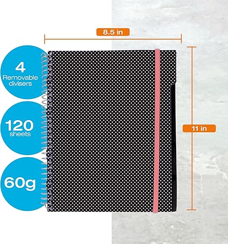 Miniatura 10 de Confetti Cuaderno de espiral perforado con agujeros, 4 divisores extraíbles, cubierta a prueba de derrames, banda elástica de cierre, bolsillo de