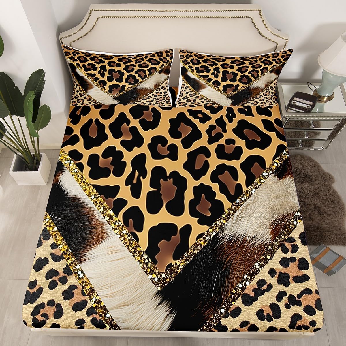 Cartoon Cheetah Fitted Sheet,Black Leopard Print Plaid Stripes Bedding Set for Kids Teens Adults,Cute Wild African Animals Decor Bed Sheet with 2 Pillowcases(No Top Sheet),Queen Size 3 Pcs