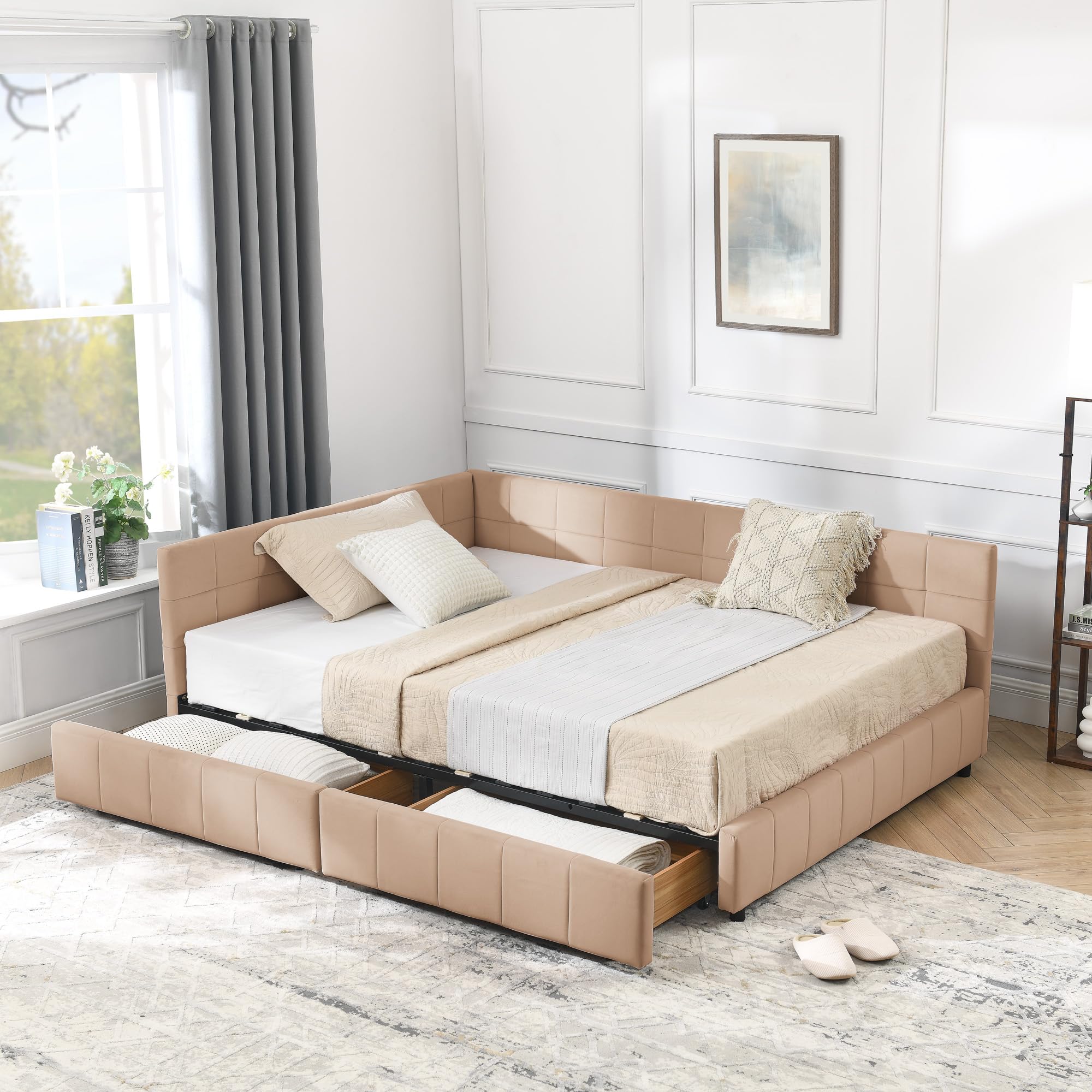 SOFTSEA Full Size Upholstered Daybed with Storage Drawers, Modern L-Shaped Daybed with Tufted Backrest, Velvet Corner Bed Sofa Bed with Convertible