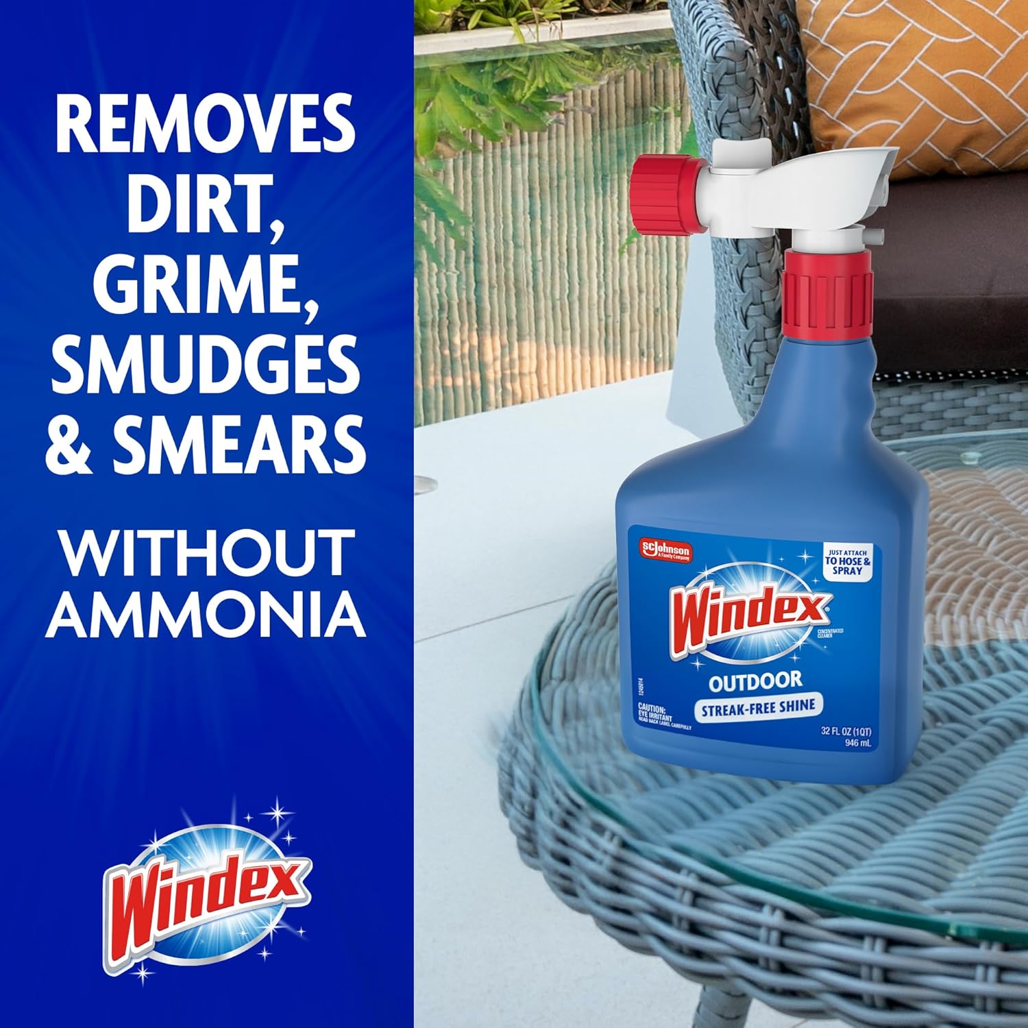 Windex Outdoor Window and Glass Cleaner for Hose Ammonia Free, Concentrated Formula for Deep Outdoor Clean, Patio Cleaner, Compatible With All Hoses, 32 Fl Oz (Pack of 8)