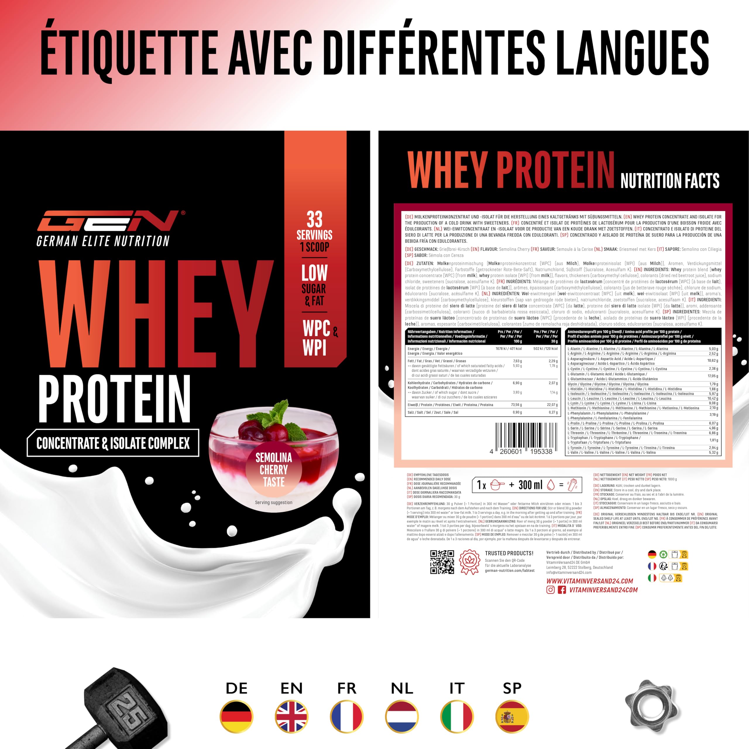 Whey Protein Complex - 1000 g (Semoule au lait avec des Cerises) - Avec part d'isolat - Protéine soluble instantanée en poudre avec BCAA & EAA - German Elite Nutrition