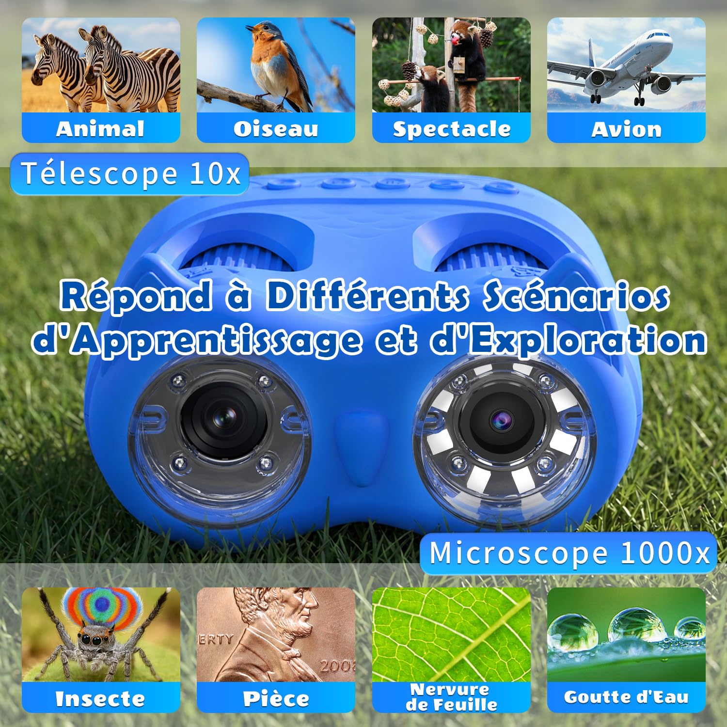 Microscope numérique 2 en 1 pour Enfants et Jumelles pour Enfants, Microscope de Poche IPS HD 2,0", télescope grossissant 10x avec 8 LED 1080P, Jouet d'extérieur Naturel pour Filles et garçons, Bleu