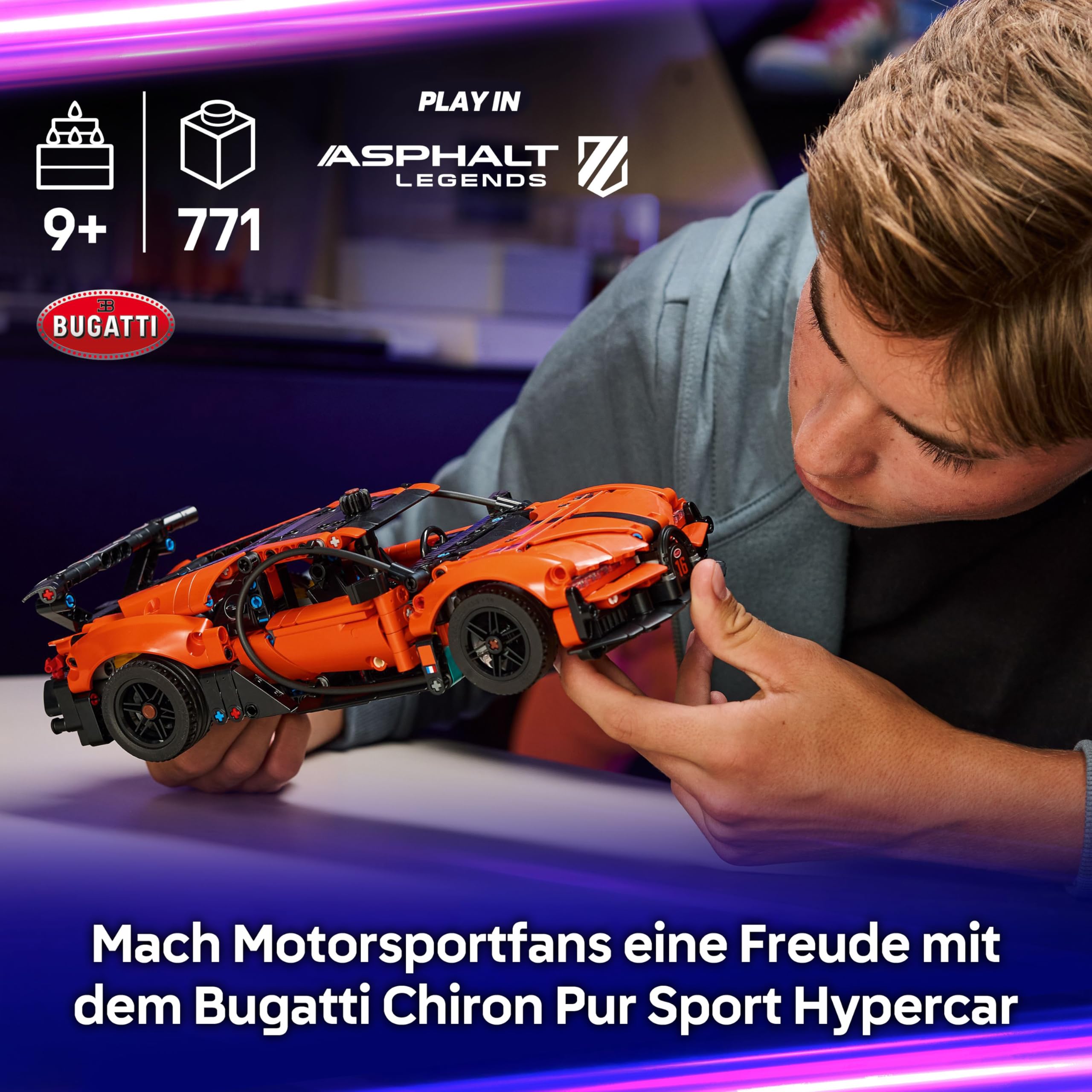 LEGO Technic Bugatti Chiron Pur Sport Hypercar - Modellauto - Rennauto zum Sammeln - Bugatti Spielzeugauto - Technic Sportwagen mit Lenkung, W16-Motor & Türen - Geschenk ab 9 Jahren - 42222