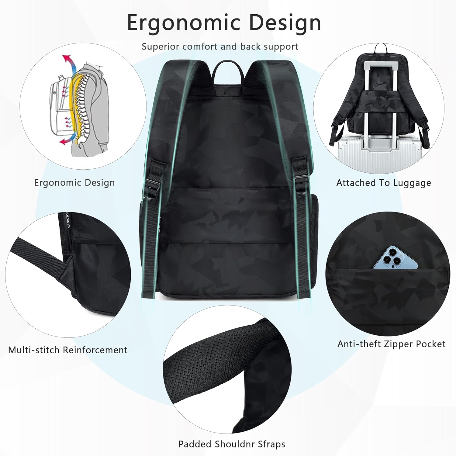 AO ALI VICTORY Backpack for Women Men Travel Laptop 15.6 Inch Computer Backpacks Anti Theft Carry on Bag College Bookbag Large Back Pack for Work Business Traveling Commuter Casual Daypack,Black