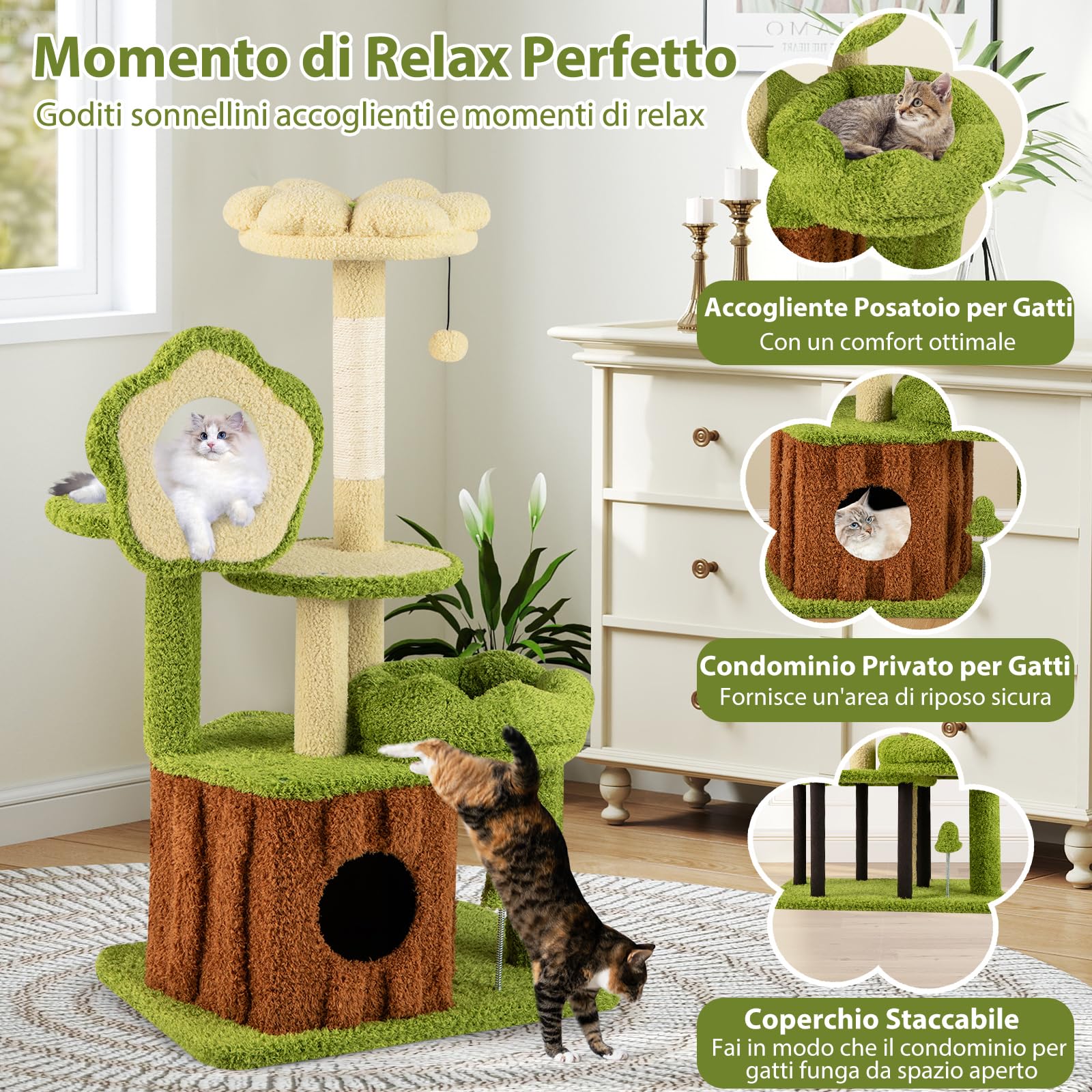 GYMAX Albero per Gatti Multilivello, Torre per Gatti con Nicchia a Forma di Tronco, Posatoio a Forma di Fiore, Letto per Pisolino, Piattaforme, Tiragraffi, Pompon, Palla a Molla