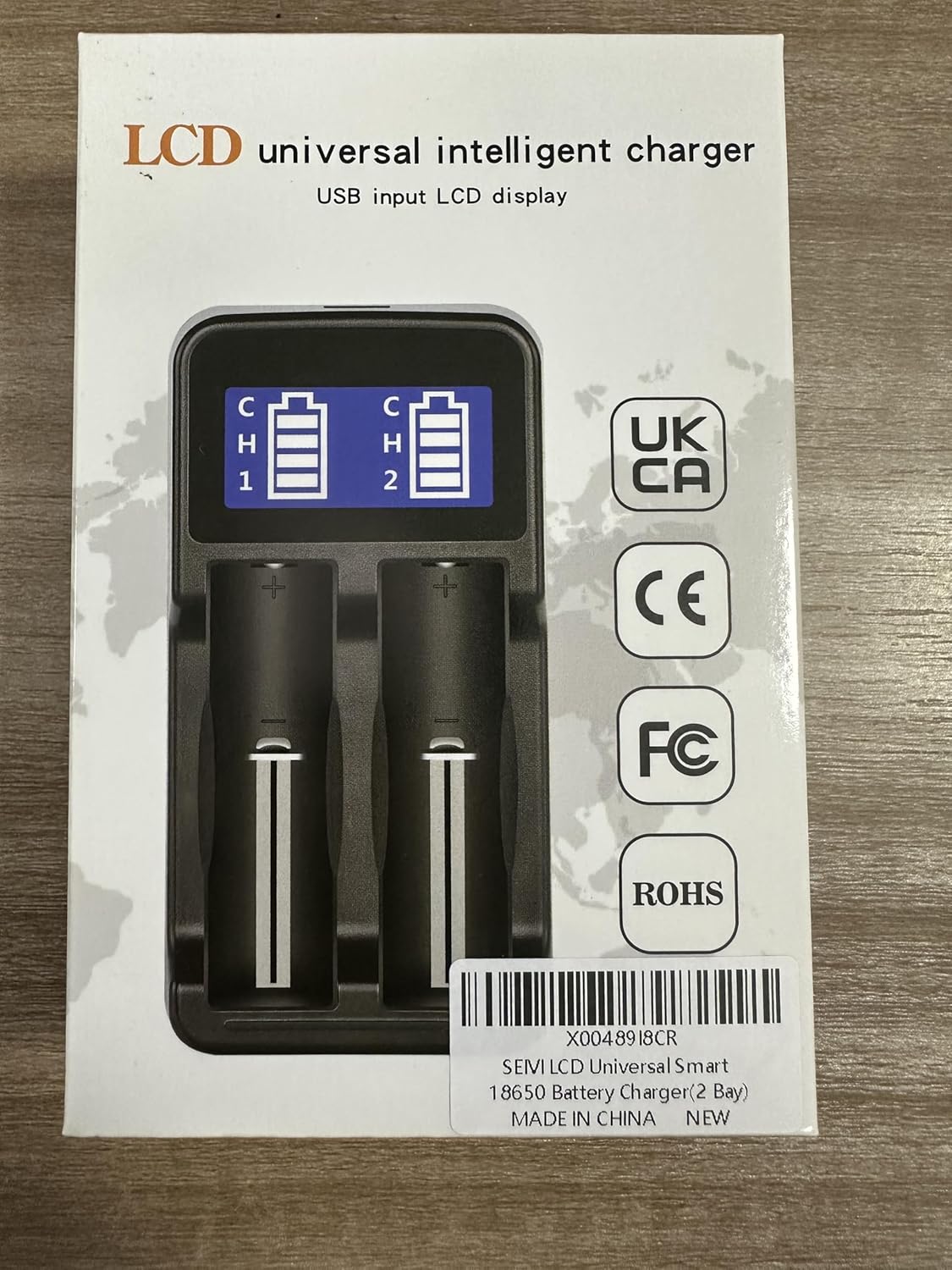 Front view of the SEIVI charger and battery packaging