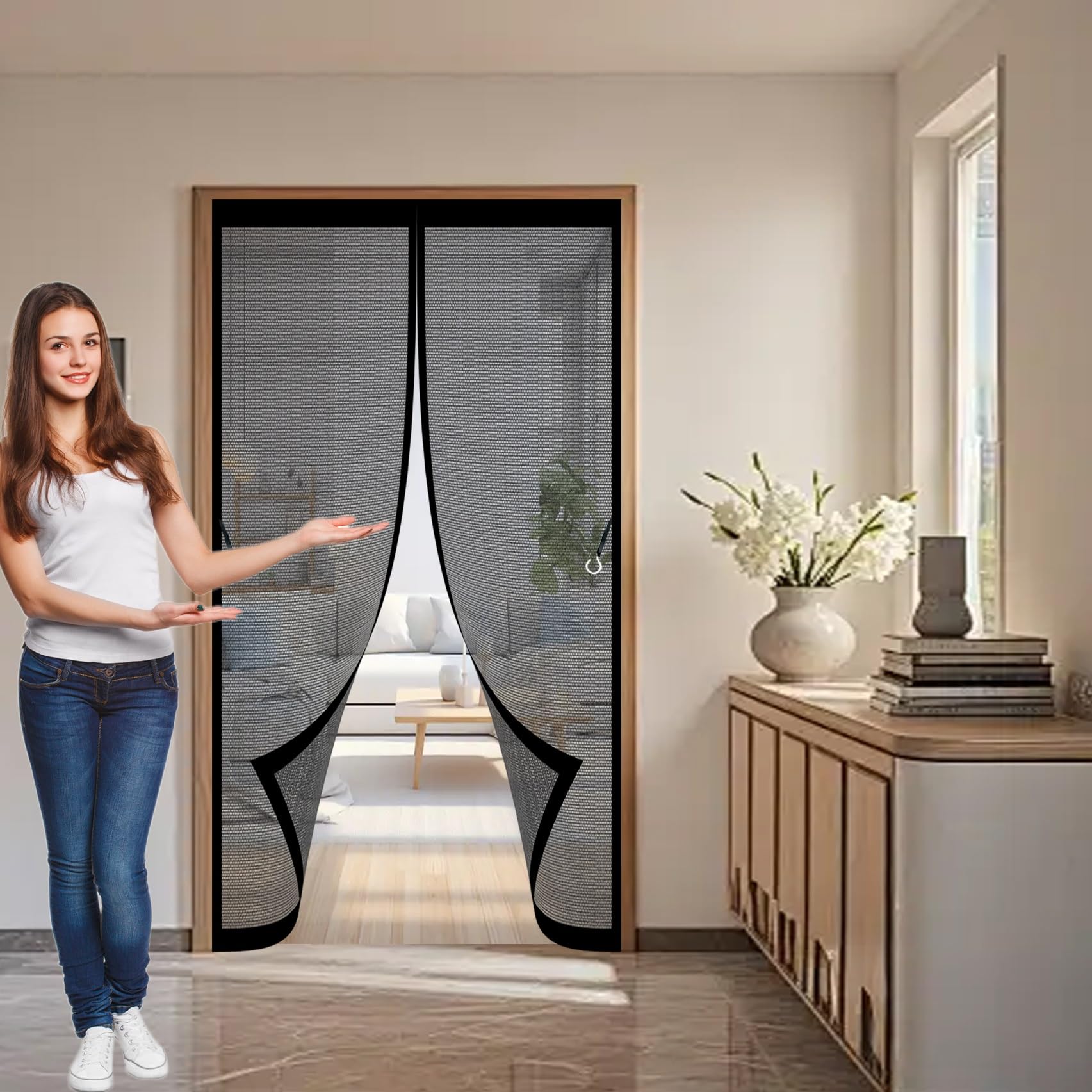 Moustiquaire porte aimantée 200x224 cm noire en maille fine anti-moustiques automatique