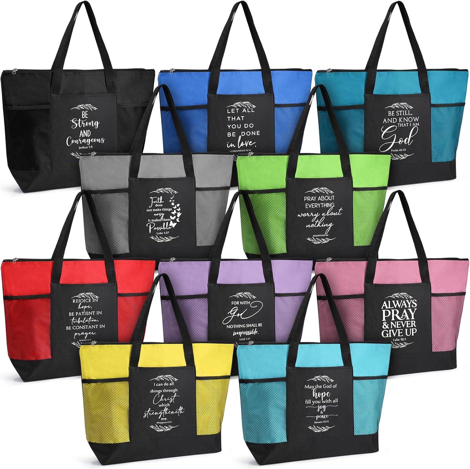 Paterr 10 Pcs Christian Tote Bags Bulk with Pocket Zipper for Women Religious Mothers Day Gifts for Church Bible Study Bags(Colorful,Boho)