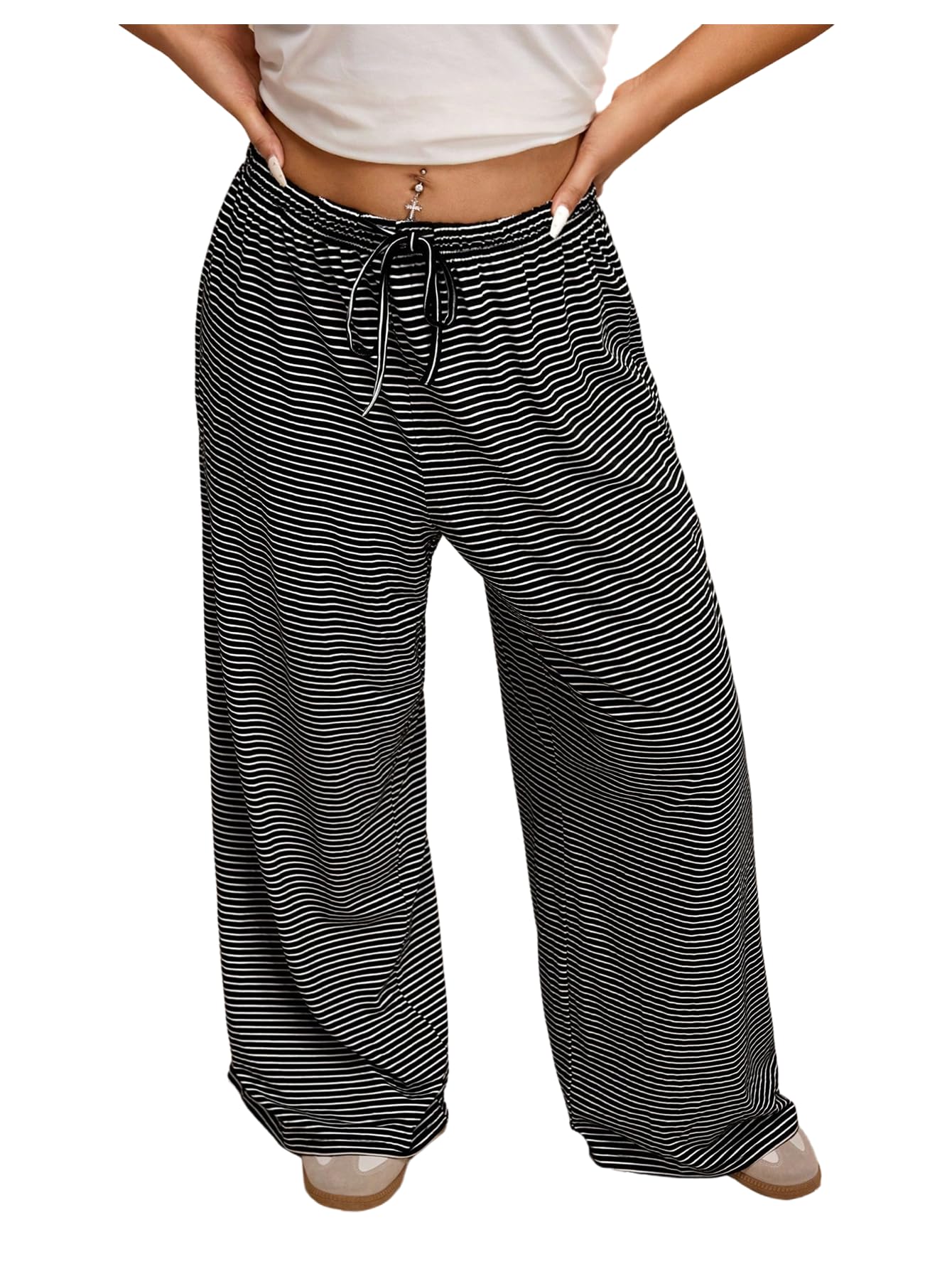 WDIRARA Womens Plus Size Striped Drawstring Waist Wide Leg Pants Loose Lounge Pants