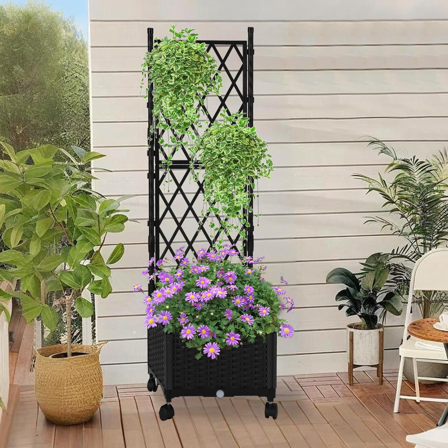 Planter with Trellis Raised Garden Beds, Trellis Planter Box Outdoor Self-Watering for Gardening, Climbing Vegetables, Flowers, Balcony Backyard Patio, Black,1PC