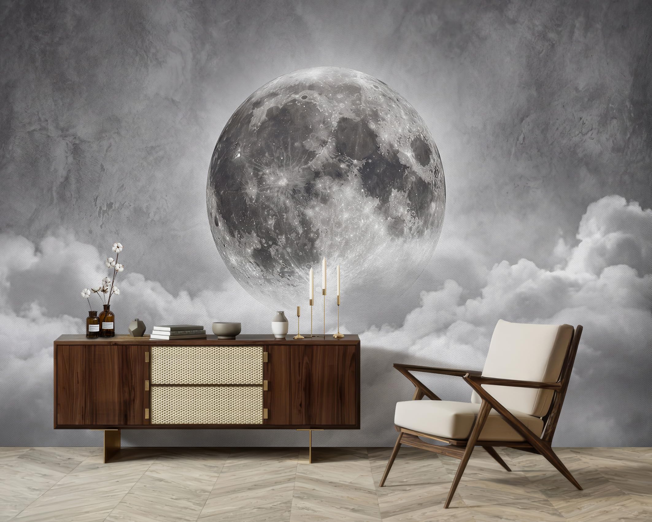 Fototapete 3D Vollmond Wolken Tapete Grau Betonoptik Tapeten Vliestapete Modern Wandtapete Wohnzimmer Schlafzimmer Kinderzimmer Wanddeko Motivtapeten350 x 256 cm (B x H)